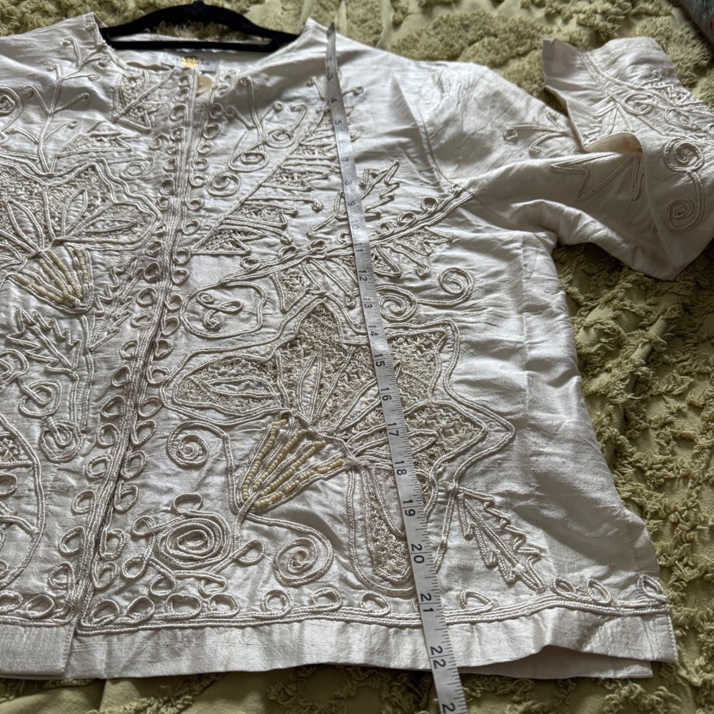 Sandy Starkman Jacket XL Cream Vintage Silk Embroidered Beaded Boho Art to Wear - Picture 7 of 16